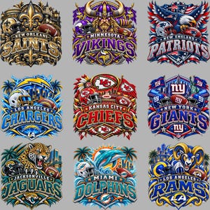 May include: A collection of nine graphic emblems featuring NFL team logos including the New Orleans Saints, Minnesota Vikings, New England Patriots, Los Angeles Chargers, Kansas City Chiefs, New York Giants, Jacksonville Jaguars, Miami Dolphins, and Los Angeles Rams.