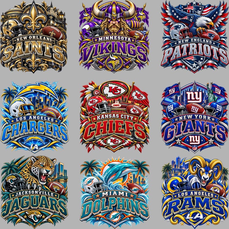 May include: A collection of nine graphic emblems featuring NFL team logos including the New Orleans Saints, Minnesota Vikings, New England Patriots, Los Angeles Chargers, Kansas City Chiefs, New York Giants, Jacksonville Jaguars, Miami Dolphins, and Los Angeles Rams.