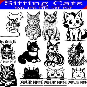 Puede incluir: Una colección de diseños digitales con temática de gatos en blanco y negro. Los diseños incluyen varias ilustraciones de gatos, texto que dice "Sitting Cats", "Life is Better with Cats", "You Gotta Be Kitten Me!" y espacios para personalización.