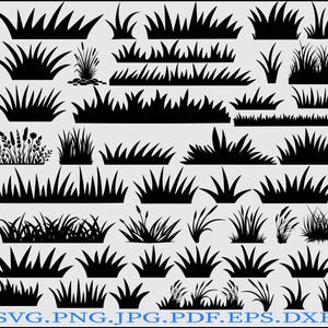 May include: A collection of black silhouette graphics depicting various types of grass, reeds, and wild plants arranged in rows. The bottom of the image features the text SVG.PNG.JPG.PDF.EPS.DXF in blue capital letters against a light grey background.