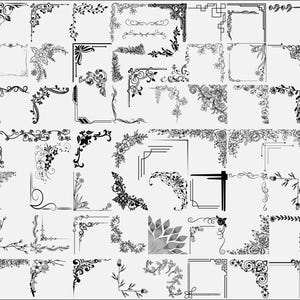 May include: Collection of black and white corner designs, featuring floral, geometric, and ornamental patterns. The designs vary in style, including delicate vines, bold geometric shapes, and intricate floral arrangements, suitable for various creative projects.