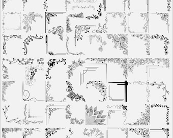 May include: Collection of black and white corner designs, featuring floral, geometric, and ornamental patterns. The designs vary in style, including delicate vines, bold geometric shapes, and intricate floral arrangements, suitable for various creative projects.