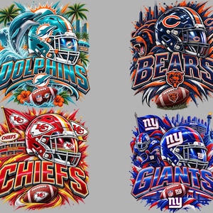 May include: A collection of four graphic illustrations featuring NFL team logos and helmets for the Dolphins, Bears, Chiefs, and Giants. Each design incorporates team colors, footballs, and city landmarks, with bold text displaying the team names.