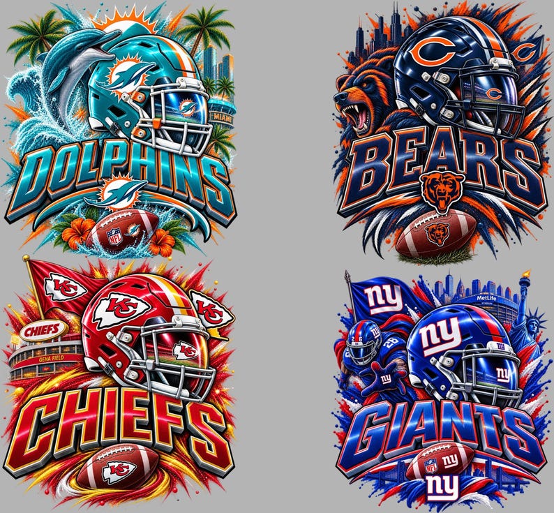 May include: A collection of four graphic illustrations featuring NFL team logos and helmets for the Dolphins, Bears, Chiefs, and Giants. Each design incorporates team colors, footballs, and city landmarks, with bold text displaying the team names.