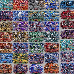 May include: A collection of thirty-two individual graphic illustrations featuring various professional football team helmets, team names, and city-specific imagery, arranged in a grid format with vibrant colors and dynamic artistic effects.