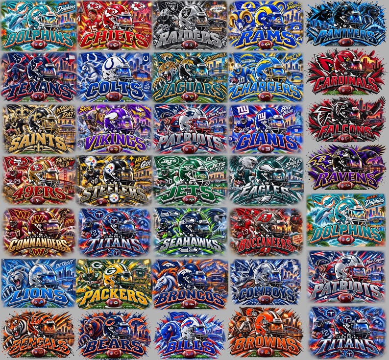 May include: A collection of thirty-two individual graphic illustrations featuring various professional football team helmets, team names, and city-specific imagery, arranged in a grid format with vibrant colors and dynamic artistic effects.
