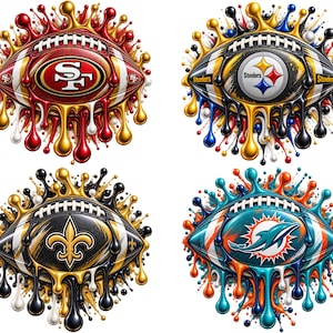 May include: Four footballs featuring team logos for the 49ers, Steelers, Saints, and Dolphins. Each football is surrounded by a vibrant, multi-colored paint drip effect in team-specific colors, creating a dynamic, liquid-like visual pattern.
