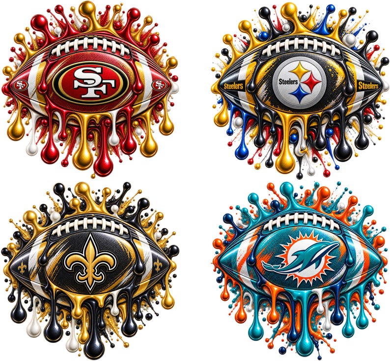May include: Four footballs featuring team logos for the 49ers, Steelers, Saints, and Dolphins. Each football is surrounded by a vibrant, multi-colored paint drip effect in team-specific colors, creating a dynamic, liquid-like visual pattern.