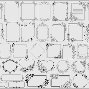 May include: A collection of black and white floral and decorative frames and borders. Designs include rectangular, square, heart, and circular shapes, with various floral and leaf accents. Some frames have scroll and ribbon elements.