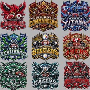 May include: A collection of nine NFL team logos featuring the Arizona Cardinals, Washington Commanders, Tennessee Titans, Seattle Seahawks, Pittsburgh Steelers, San Francisco 49ers, New York Jets, Philadelphia Eagles, and Tampa Bay Buccaneers.