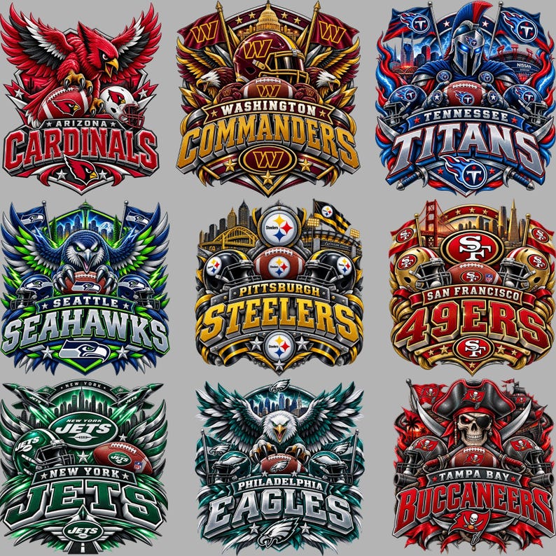 May include: A collection of nine NFL team logos featuring the Arizona Cardinals, Washington Commanders, Tennessee Titans, Seattle Seahawks, Pittsburgh Steelers, San Francisco 49ers, New York Jets, Philadelphia Eagles, and Tampa Bay Buccaneers.