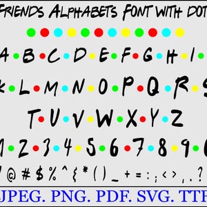 May include: A black alphabet font with dots, featuring letters, numbers, and symbols. The font is titled "FRIENDS ALPHABETS FONT WITH DOTS". The letters are in a handwritten style, with colored dots. File types include JPEG, PNG, PDF, SVG, and TTF.