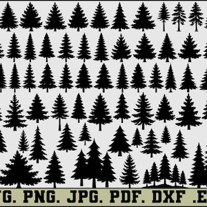 May include: A collection of black fir tree silhouettes in various sizes and styles. The image includes text at the bottom indicating file formats: SVG, PNG, JPG, PDF, DXF, and EPS. Ideal for crafting and design projects.