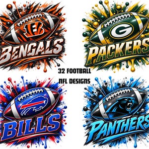 May include: A collection of four NFL football team graphic designs featuring the Bengals, Packers, Bills, and Panthers. Each design includes a football with the team logo, vibrant paint splatter effects, and the team name in bold, stylized lettering.