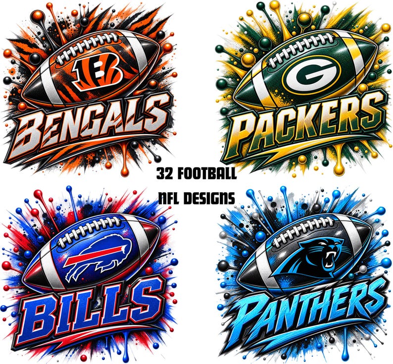 May include: A collection of four NFL football team graphic designs featuring the Bengals, Packers, Bills, and Panthers. Each design includes a football with the team logo, vibrant paint splatter effects, and the team name in bold, stylized lettering.