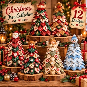 Puede incluir: Una colección de seis adornos de árbol de Navidad de tela con varios temas festivos, incluyendo un elfo, un hombre de jengibre, Santa Claus, un reno, un ángel y un muñeco de nieve. Cada árbol está construido con pétalos de tela estampados.