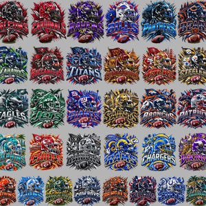 May include: A digital graphic collection featuring thirty-two individual NFL team logos, each displaying a football helmet, team name, and a football, rendered in vibrant team colors with dynamic, explosive background elements and sharp details.