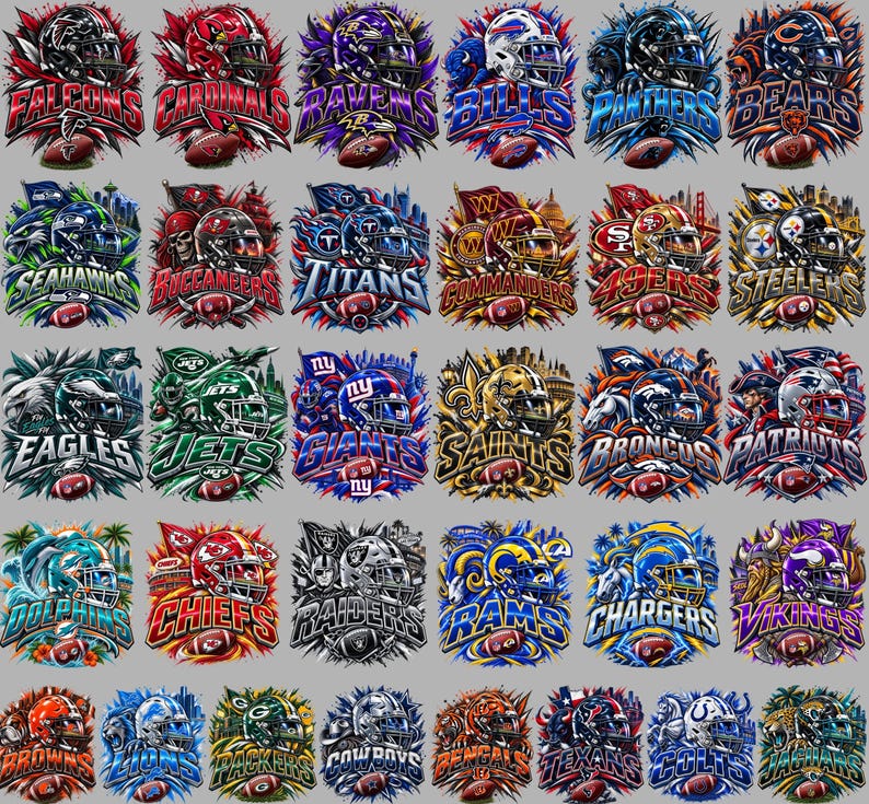May include: A digital graphic collection featuring thirty-two individual NFL team logos, each displaying a football helmet, team name, and a football, rendered in vibrant team colors with dynamic, explosive background elements and sharp details.