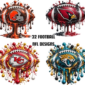 May include: Four footballs with melting paint effects in team colors, featuring the Cleveland Browns, Arizona Cardinals, Kansas City Chiefs, and Jacksonville Jaguars logos. The text 32 FOOTBALL NFL DESIGNS is centered between the graphics.