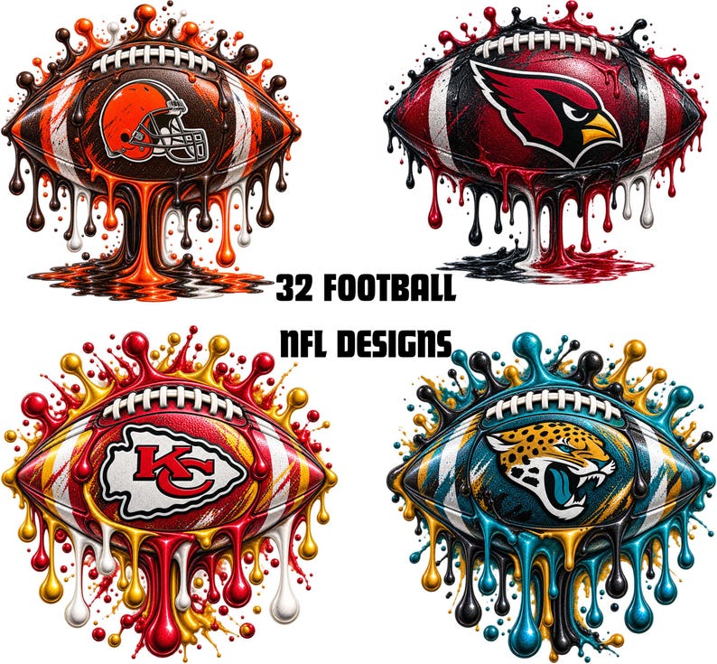 May include: Four footballs with melting paint effects in team colors, featuring the Cleveland Browns, Arizona Cardinals, Kansas City Chiefs, and Jacksonville Jaguars logos. The text 32 FOOTBALL NFL DESIGNS is centered between the graphics.