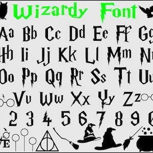 May include: A black and green Wizardy Font alphabet and number set. The font includes letters A through Z, numbers 0-9, and various themed icons. The word "Wizardy Font" is written in green at the top of the image.