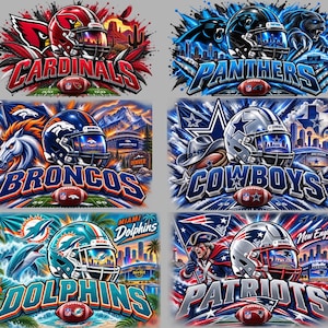 May include: A digital illustration featuring six NFL team logos and helmets: Cardinals, Panthers, Broncos, Cowboys, Dolphins, and Patriots. Each section displays a team-specific helmet, mascot, stadium, and football with the team name in bold lettering.