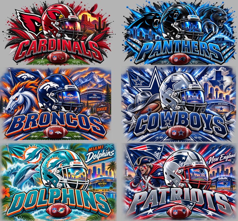 May include: A digital illustration featuring six NFL team logos and helmets: Cardinals, Panthers, Broncos, Cowboys, Dolphins, and Patriots. Each section displays a team-specific helmet, mascot, stadium, and football with the team name in bold lettering.