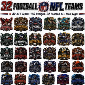 May include: A digital graphic display featuring 32 NFL football team logos arranged in a grid. The top text reads 32 FOOTBALL NFL TEAMS and 32 NFL Teams 156 Designs, 32 Football NFL Team Logos. Each team emblem is detailed with unique colors and imagery.