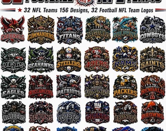 May include: A digital graphic display featuring 32 NFL football team logos arranged in a grid. The top text reads 32 FOOTBALL NFL TEAMS and 32 NFL Teams 156 Designs, 32 Football NFL Team Logos. Each team emblem is detailed with unique colors and imagery.