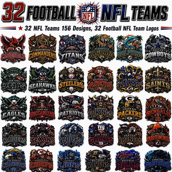 32 NFL Football Teams PNG Bundle, Game Day Mascot Clipart, Mascot Clipart, Sublimation Graphics, 32 Football Teams 156 Designs