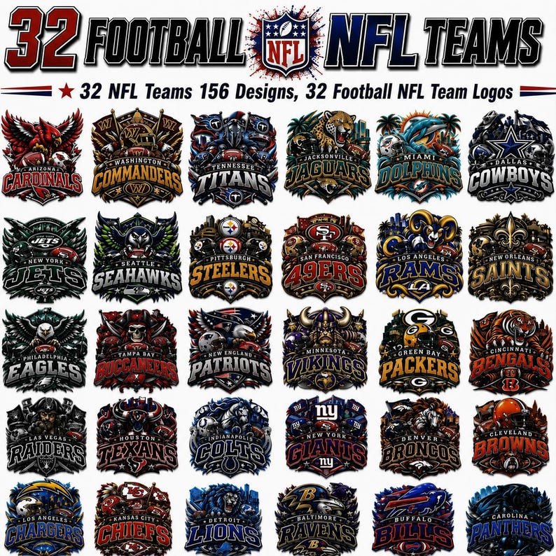 May include: A digital graphic display featuring 32 NFL football team logos arranged in a grid. The top text reads 32 FOOTBALL NFL TEAMS and 32 NFL Teams 156 Designs, 32 Football NFL Team Logos. Each team emblem is detailed with unique colors and imagery.