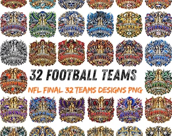 May include: A collection of 32 circular graphic designs featuring NFL football team logos, each centered around a gold Vince Lombardi trophy. The text 32 FOOTBALL TEAMS and NFL FINAL 32 TEAMS DESIGNS PNG is displayed in the center of the image.