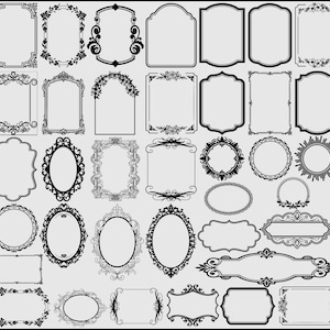 May include: A collection of black and white ornate frames in various shapes and sizes. The frames include rectangular, oval, and circular designs, with floral and scrollwork details. Ideal for digital art or print projects.