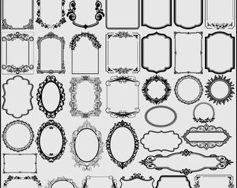 May include: A collection of black and white ornate frames in various shapes and sizes. The frames include rectangular, oval, and circular designs, with floral and scrollwork details. Ideal for digital art or print projects.