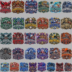 May include: A collection of thirty-two National Football League team logos arranged in a grid. Each emblem features vibrant colors, intricate illustrations of mascots or symbols, and the team name in bold, stylized lettering on a solid gray background.