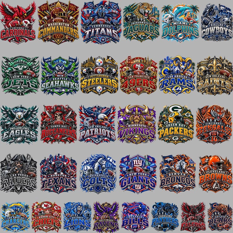 May include: A collection of thirty-two National Football League team logos arranged in a grid. Each emblem features vibrant colors, intricate illustrations of mascots or symbols, and the team name in bold, stylized lettering on a solid gray background.