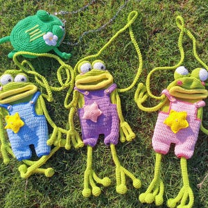 Crochet Frog Crossbody Bag with Overalls: Kawaii Cottagecore Purse