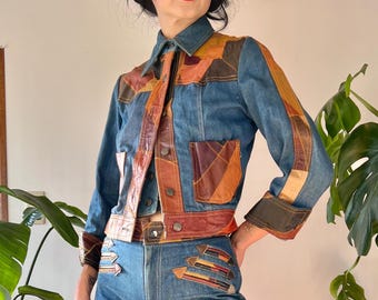 1970s Curly Top Patchwork Leather Denim Cropped Jacket |XS/S| Vintage 60s Applique Western Americana Boho Hippie Folk