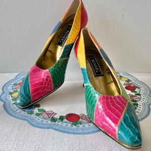 1980s J. Renee Colorblock Snakeskin Patchwork Pumps Sculptural High Heels US 9.5