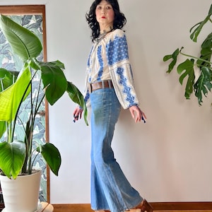 1970s Lee Set Flare Denim Jeans |Mid Rise 28”| Vintage Faded Distress Western Boho Hippie