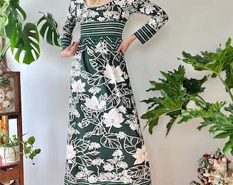 1960s 70s Lanvin Paris Floral Jersey Knit Empire Waist Maxi Dress