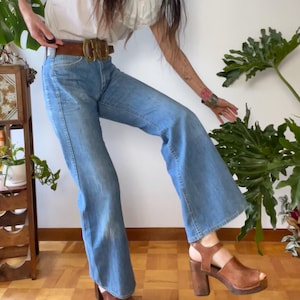 Vintage 70s Lee Set Flare Denim Jeans | Mid Rise 28” | Double-Stitched Outer Seams Light Wash Fade Distress Western Boho Hippie Daily Casual