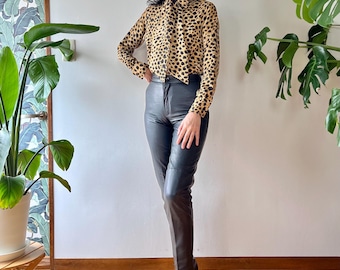 1990s North Beach Leather by Michael Hoban Black Lamb Leather Cigarette Pants |XS/S| Vintage 80s Rocker Punk Blondie Style High Waisted