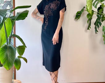 1950s Black Beaded Cheongsam Cocktail Dress |M/L| Vintage Mandarin Collar Evening Wiggle Dress Fringe Floral Embroidery Hong Kong Style