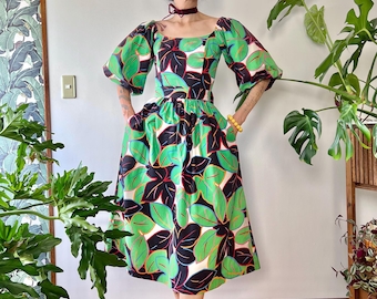 Vestido de verano de los 80 de Sundress Ltd. con mangas abullonadas exageradas, estampado de follaje, de algodón, estilo pradera, con cinturón /XS–S/ Cottagecore