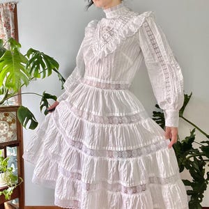 Rare Vintage 1960s Victorian Revival Mexican Wedding Dress | M | Chevron Lace Bib Puff Sleeve Prairie Gown | 70s Boho Vintage Bridal Gown