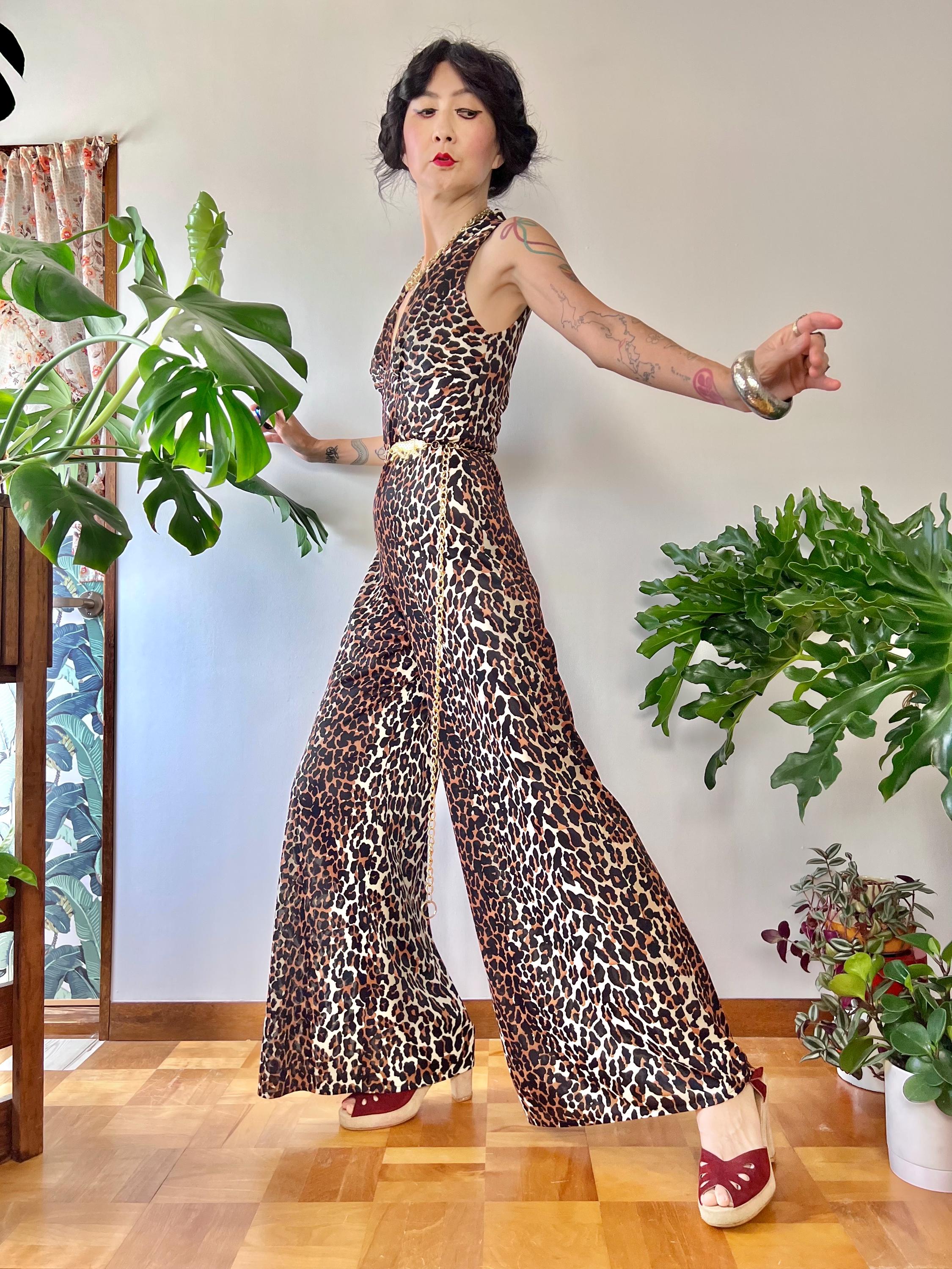 1970s Leopard Print Jumpsuit – Deep V Neck Catsuit – Slim Wide