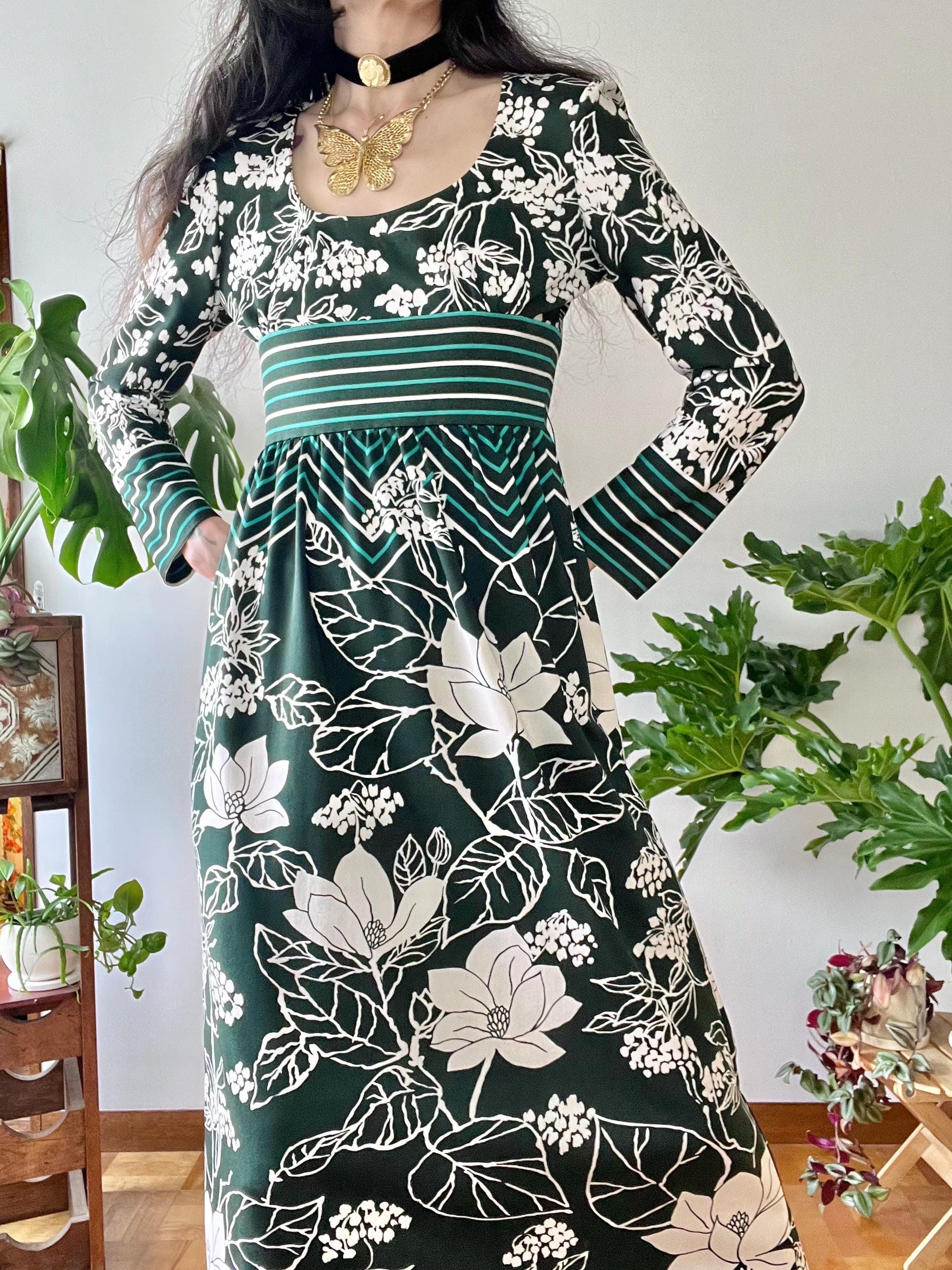 70s LANVIN BIRD PRINTED TOPS ランバン ヴィンテージ 1960s 70s Lanvin Paris Floral Jersey Knit Empire Waist Maxi Dress