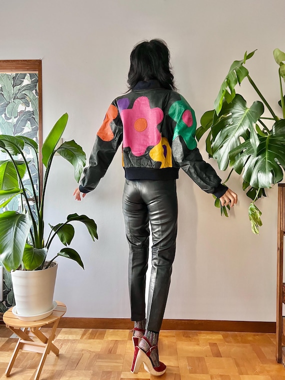 1980s Leather Patchwork Daisy Bomber Jacket |XS-M… - image 1