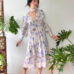Vintage 1970s Cacharel Capelet Dress | 30s Style Bias Cut Rayon | XS-S | Made in France | Lavender Floral Boho Romantic | 70s does 30s
